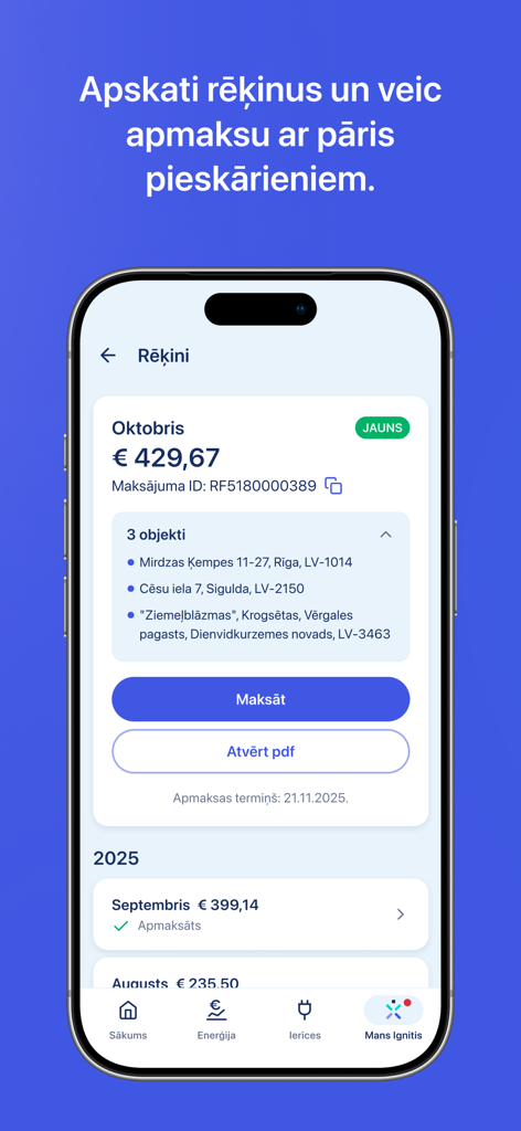 Mobile app interface showing monthly energy bills for multiple properties with payment options and consumption history.