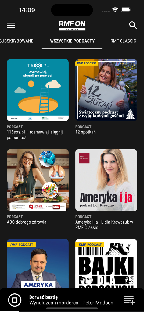 Pantalla del móvil de la aplicación RMF ON mostrando una selección de podcasts y categorías polacas