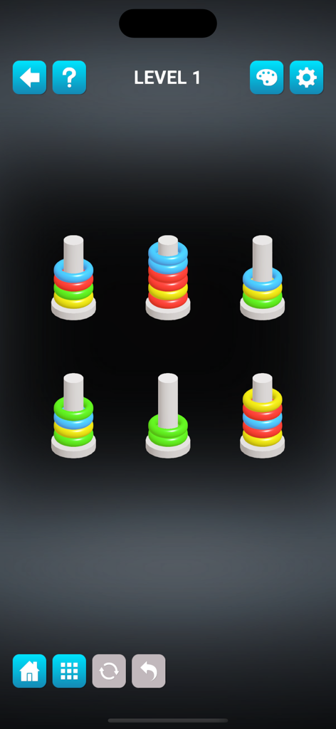 Puzzledom 3D - A 3D minimalist ring sorting puzzle level with colorful rings on white poles from Puzzledom 3D
