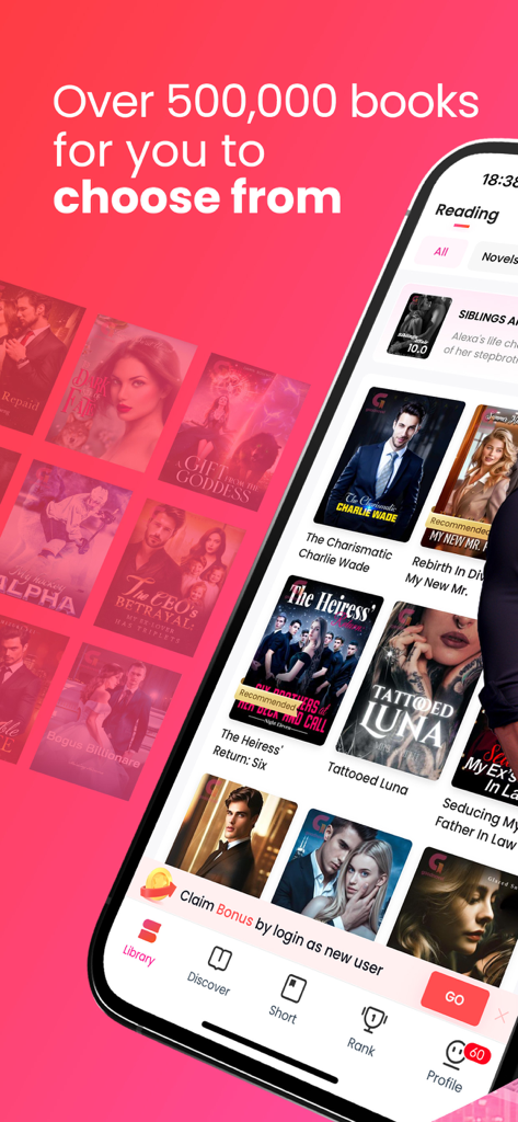 GoodNovel app interface displaying a digital library of romance and fantasy novels