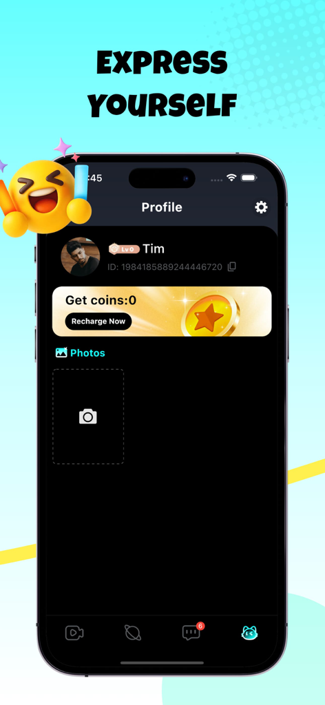 Hipub - Interface de perfil do aplicativo social Hipub exibindo o título Expresse-se e configurações da conta