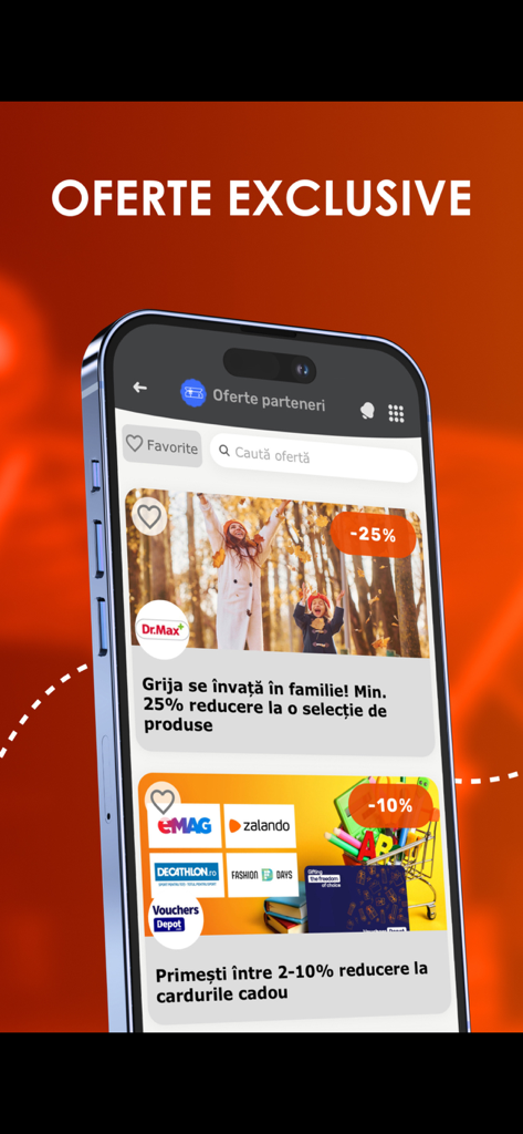 Rompetrol Go app screen displaying exclusive partner discounts and retail offers from brands like eMAG and Zalando