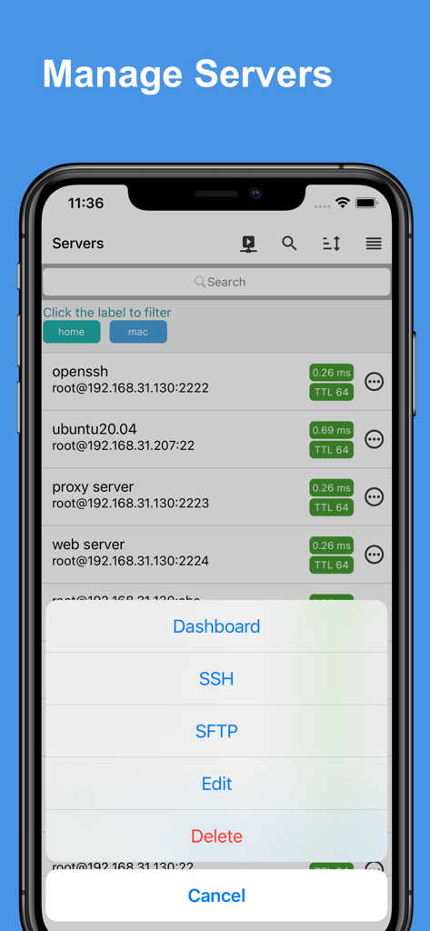 A mobile interface for the Docker Server Admin app showing a list of servers and a management menu with options for SSH and SFTP