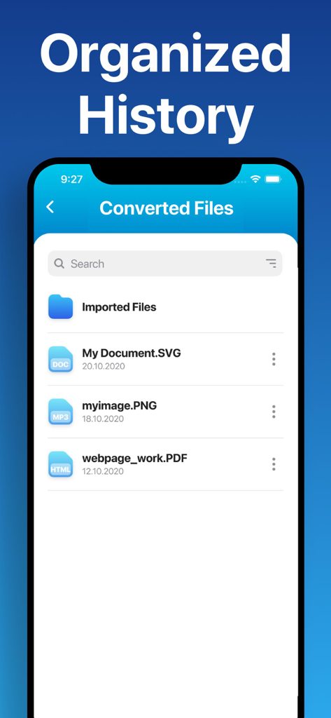 The Document Converter - Interfaz de la aplicación El Convertidor de Documentos que muestra una lista de archivos convertidos recientemente en la vista de historial organizado