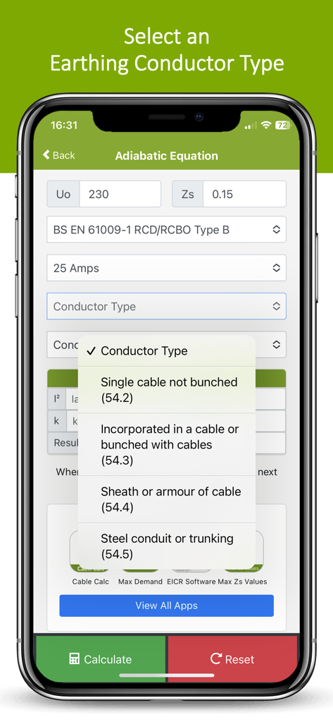 Adiabatic Equation Calculator - Selecting an earthing conductor type in the Adiabatic Equation Calculator app.