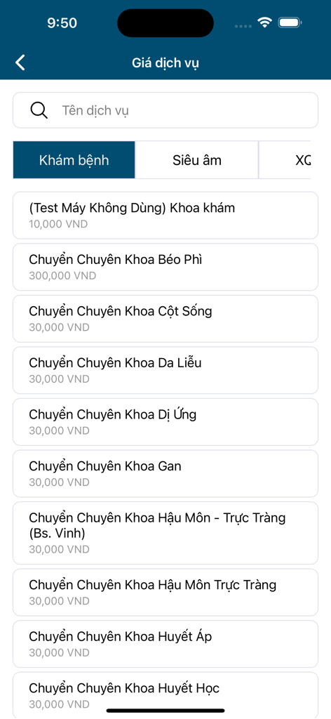 Medic Hoà Hảo - Khám bệnh - A list of medical service prices in the Medic Hoa Hao app interface