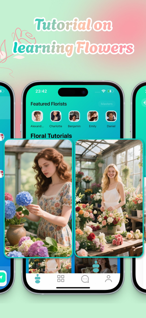 Halotalk——Video chat & share - Halotalk app interface displaying floral design tutorials and featured florists for social video sharing.