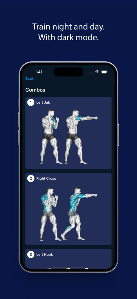 Boxing Coach Workout Timer - App screen showing boxing combinations and muscle groups in dark mode.