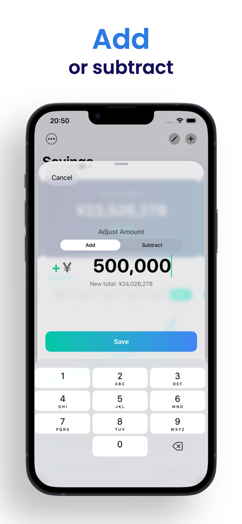 Savings - Track Your Money - Interface of the Savings app showing the quick adjust feature to manually add or subtract money