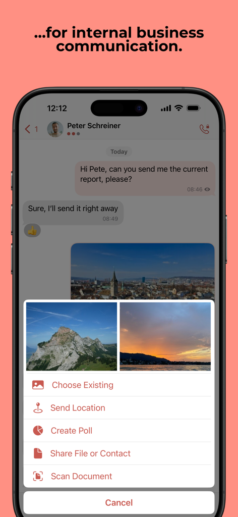 Interface de messagerie sécurisée Threema OnPrem affichant la discussion professionnelle interne et les options de partage de fichiers