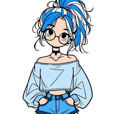 girl with a messy ponytail glasses a baggy crop top and jean shorts