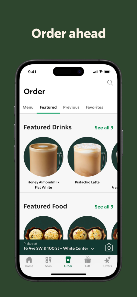 Starbucks - Starbucks mobile app interface showing the order ahead menu with featured drinks.