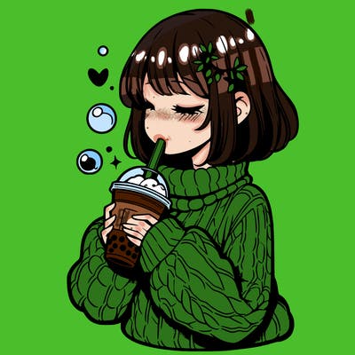 manga girl drinking boba in cozy sweater