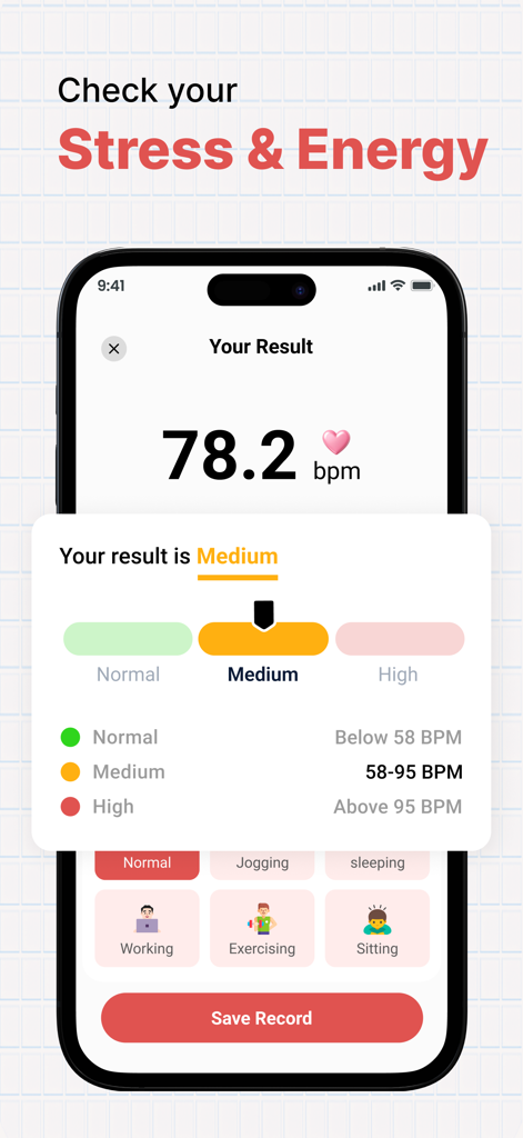 PulseX : Heart Rate Monitor - Smartphone screen showing heart rate measurement result of 78.2 BPM in PulseX app