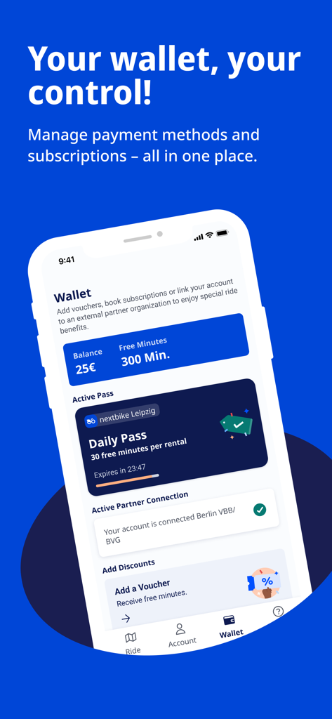 アカウント残高、無料時間、アクティブなサブスクリプションパスを示すNextbikeアプリのウォレットインターフェース。