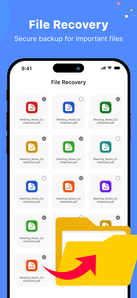 MobiSaver: Data&Photo Recovery - A smartphone display showing the MobiSaver file recovery interface with a selection of documents and a backup folder icon