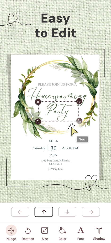 Mobile App-Bildschirm, der die Bearbeitungsoberfläche für eine Einladung zu einer botanischen Einweihungsparty mit Werkzeugen für Größe, Schriftart und Farbe zeigt.