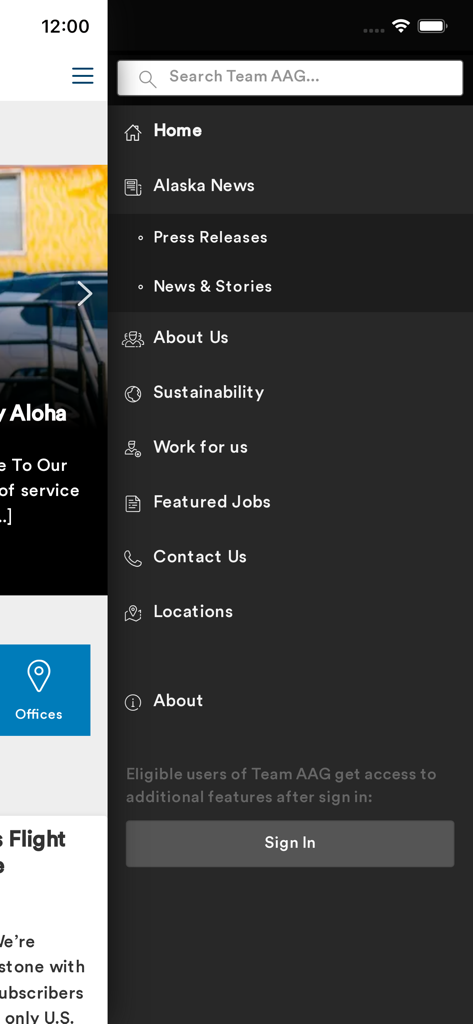 Team AAG - Side navigation menu of the Team AAG app displaying links for news, sustainability, careers, and a sign in button.