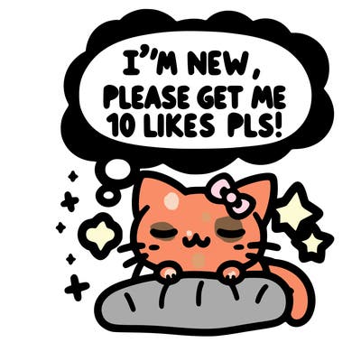 kitty taking a nap dream talking and saying "i'm new, please get me at least 10 likes pls!!"