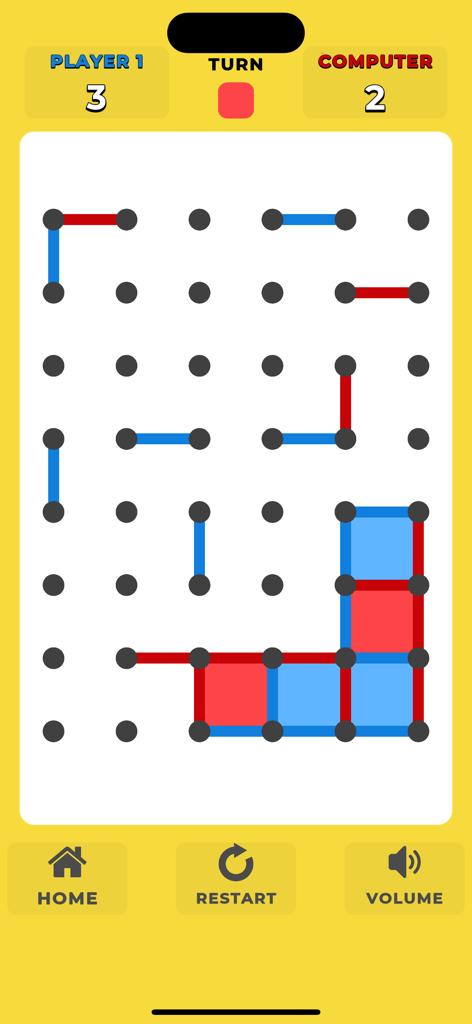Dots and Boxes (Dot Game) - Gameplay-Bildschirm von Dots and Boxes, der ein Gitter mit abgeschlossenen roten und blauen Quadraten und Spielergebnissen zeigt
