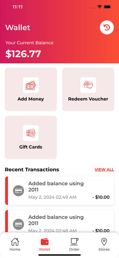 Matto Espresso - Interface da carteira digital do aplicativo Matto Espresso mostrando o saldo da conta e o histórico de transações recentes