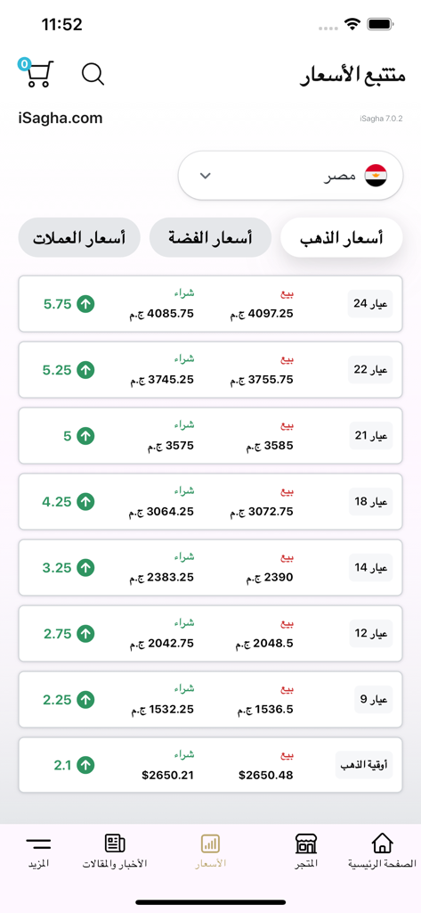 iSagha mobile app interface displaying real-time gold prices for multiple carats in Egypt