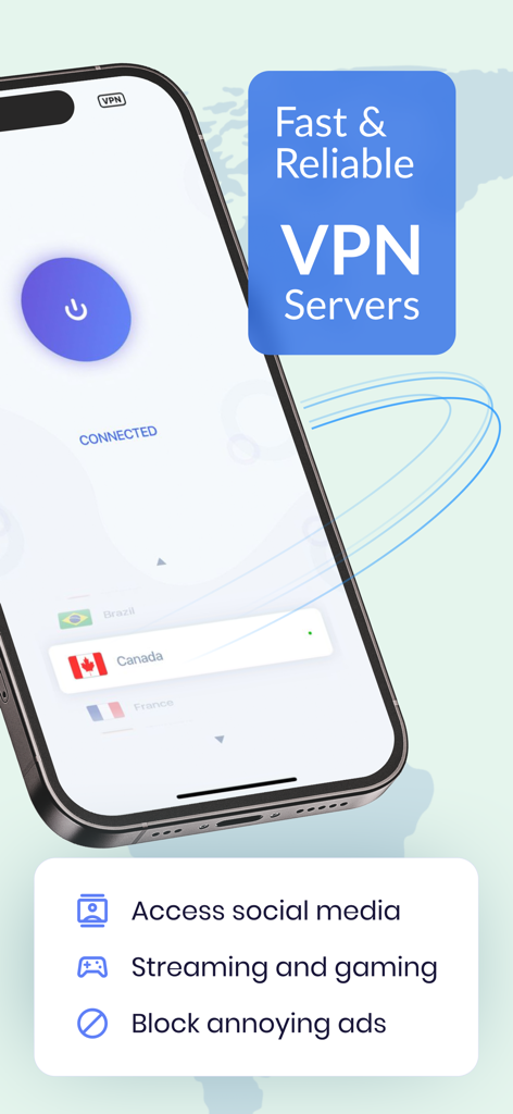 Speed VPN: Turbo Fast Proxy - Speed VPN app interface on an iPhone displaying a connected status to a Canadian server with a list of features including ad blocking and social media access