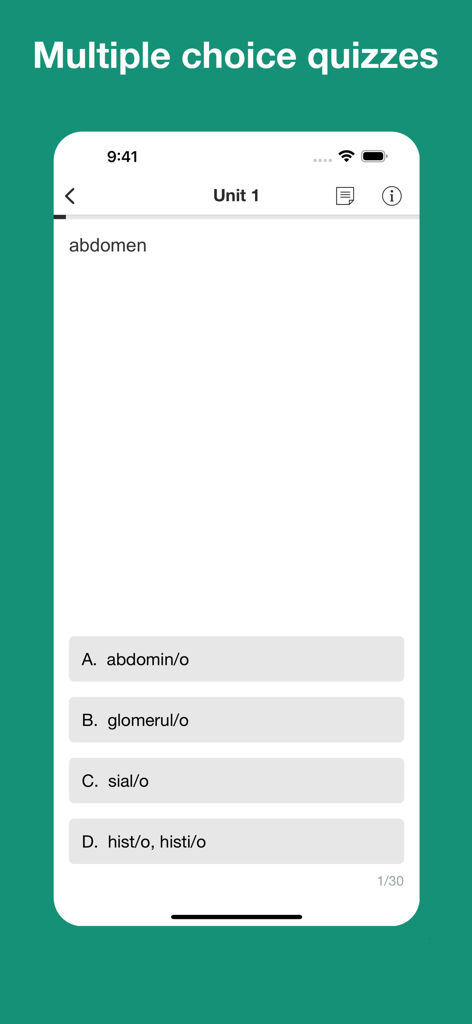 A multiple choice quiz screen from the Medical terminology roots app for student learning.