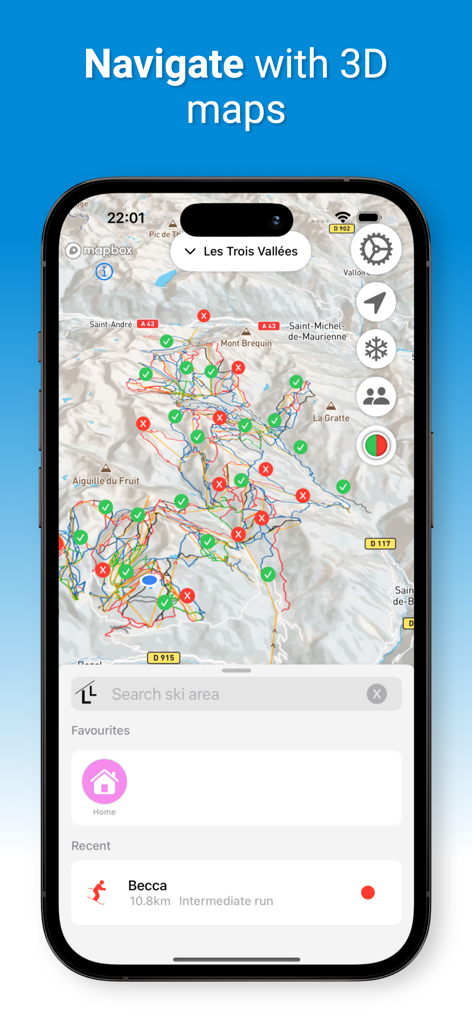 LastLift - Ski & Snowboard - LastLift app interface displaying a 3D ski resort map with navigation and live piste status.