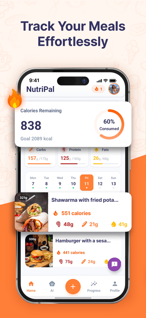 NutriPal: Snap. Track. Thrive. - NutriPal mobile app dashboard displaying calorie progress, macro goals for protein and carbs, and a log of recent meals like a shawarma and hamburger.
