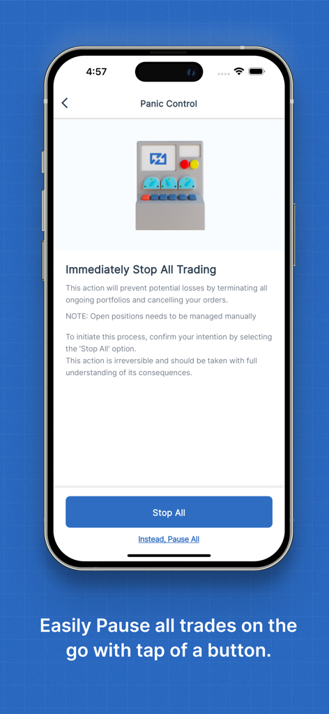 uTrade Algos - A interface de controle de pânico do aplicativo uTrade Algos permitindo que os usuários parem ou pausem imediatamente todas as atividades de negociação para gerenciar o risco.