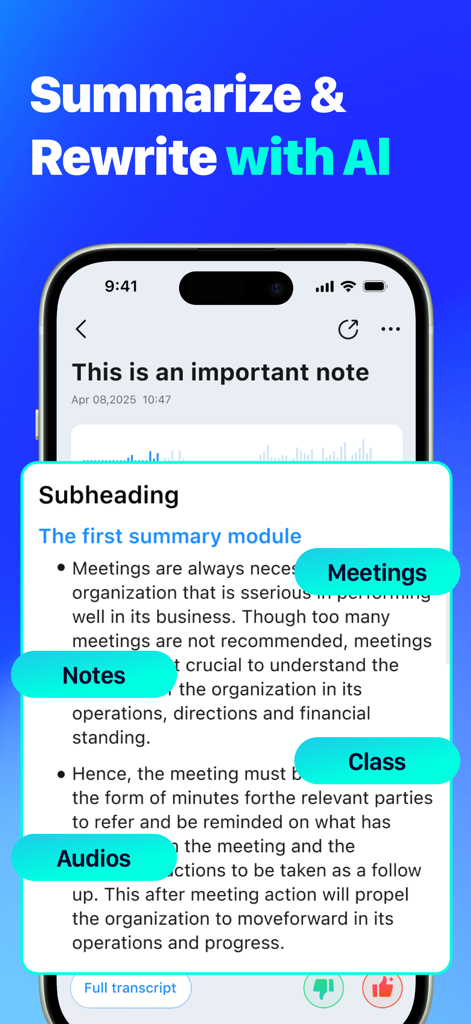 AI Meeting Notes: Auto Summary - AIミーティングノートアプリのインターフェースを示すスマートフォンの画面。要約されたノートと、会議、クラス、音声のフローティングタグが表示されています。