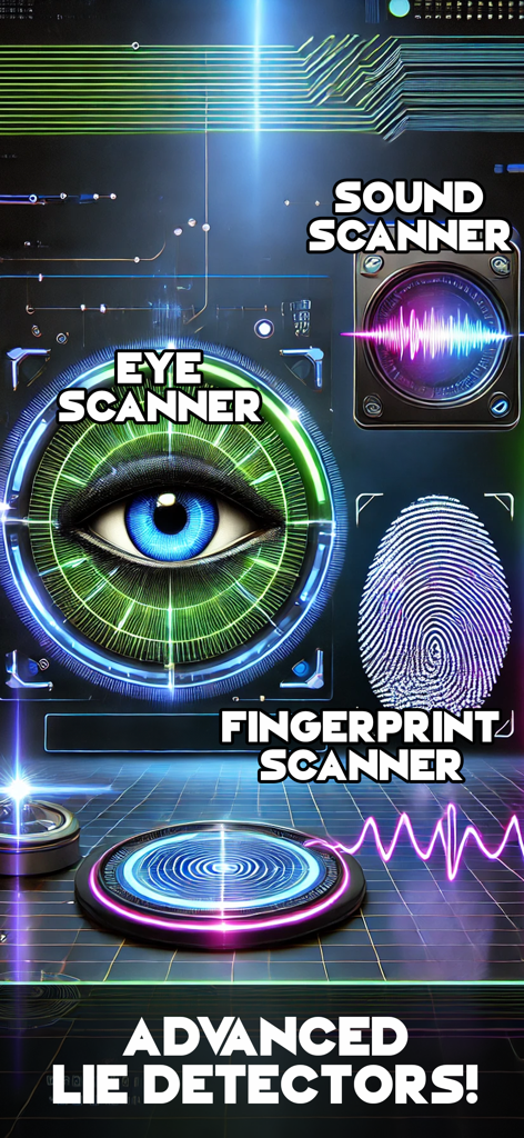 Lie Detector Test - Truth Dare - Interface mostrando scanners futuristas de olhos, som e impressão digital para jogos de verdade ou desafio.