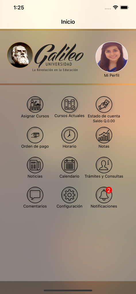 Estudiantes Galileo - Menú principal de la app Estudiantes Galileo que muestra opciones académicas y administrativas para estudiantes.