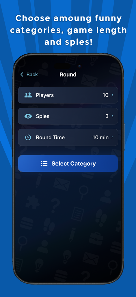 The Spy Game - Imposter Party - Interfaz de la aplicación The Spy Game que muestra la configuración de la ronda para jugadores, espías y tiempo de juego.