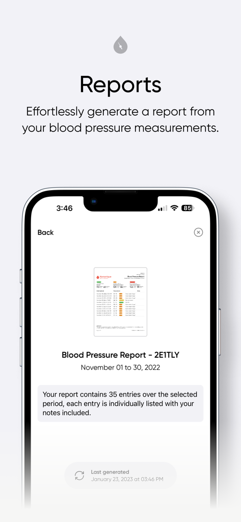 Mobile app screen showing a generated blood pressure report for medical consultation