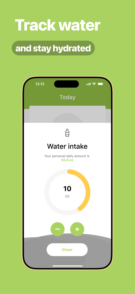 Vivid: Mediterranean Diet - Pantalla de seguimiento de agua de la aplicación Vivid Mediterranean Diet que muestra el progreso diario de hidratación.