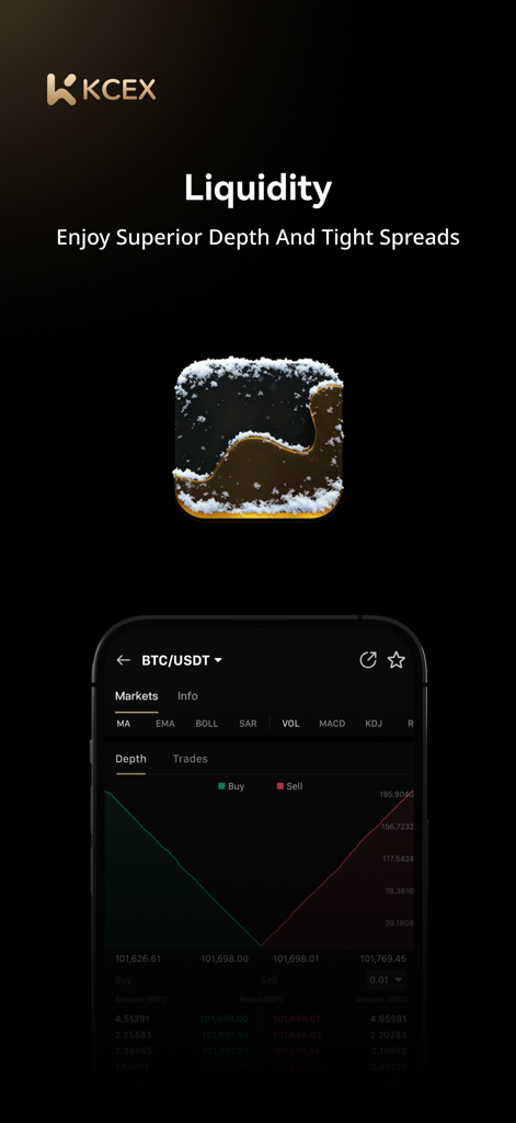 KCEX: The Lowest Crypto Fees - KCEX mobile app interface displaying crypto market liquidity and BTC-USDT depth charts