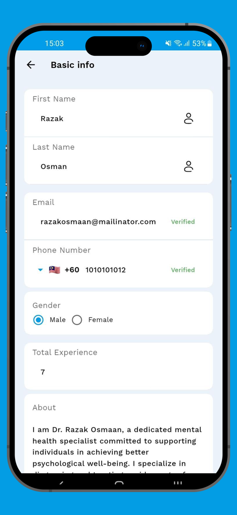 TeleCure - A mobile application screen displaying the basic information and professional bio of a doctor on TeleCure