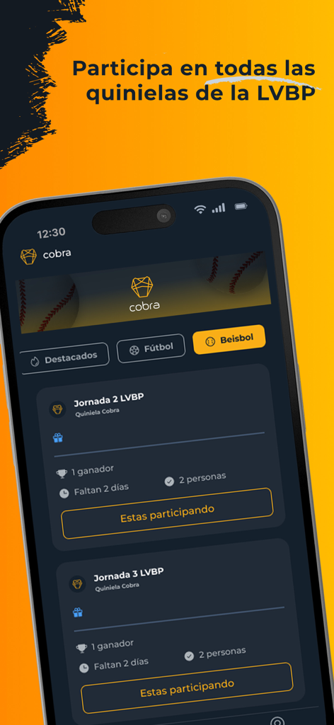 Quinielas Cobra - Quinielas Cobra app interface displaying baseball prediction pools for the LVBP league