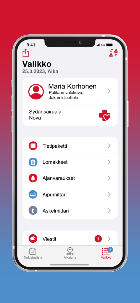Sydänsairaala OmaSydän - Menu screen of the Sydänsairaala OmaSydän mobile app featuring patient profile and medical management options