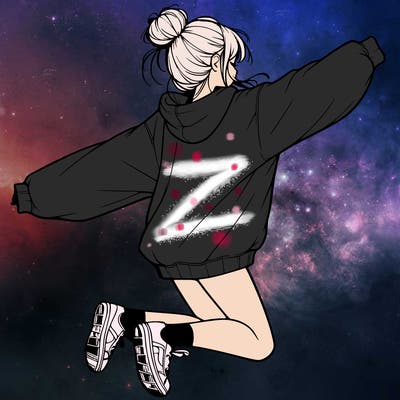 realistic girl jumping with a bun and oversized sweatshirt