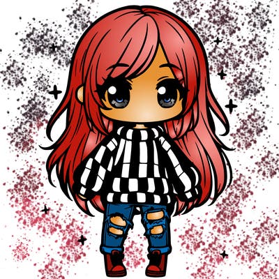 chibi girl with ripped jeans,long hair, and an oversized sweater
