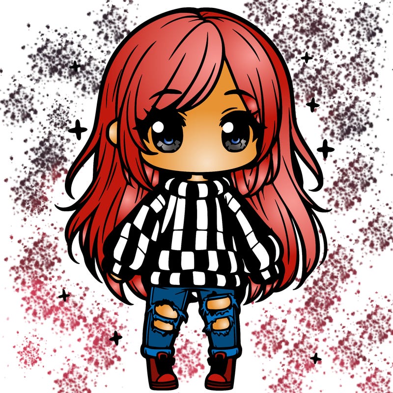 chibi girl with ripped jeans,long hair, and an oversized sweater