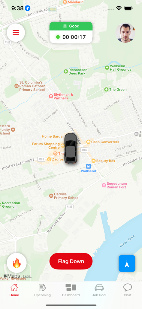 Ride.bm Driver - Ride.bm Driver app interface featuring a map with car tracking and a flag down button