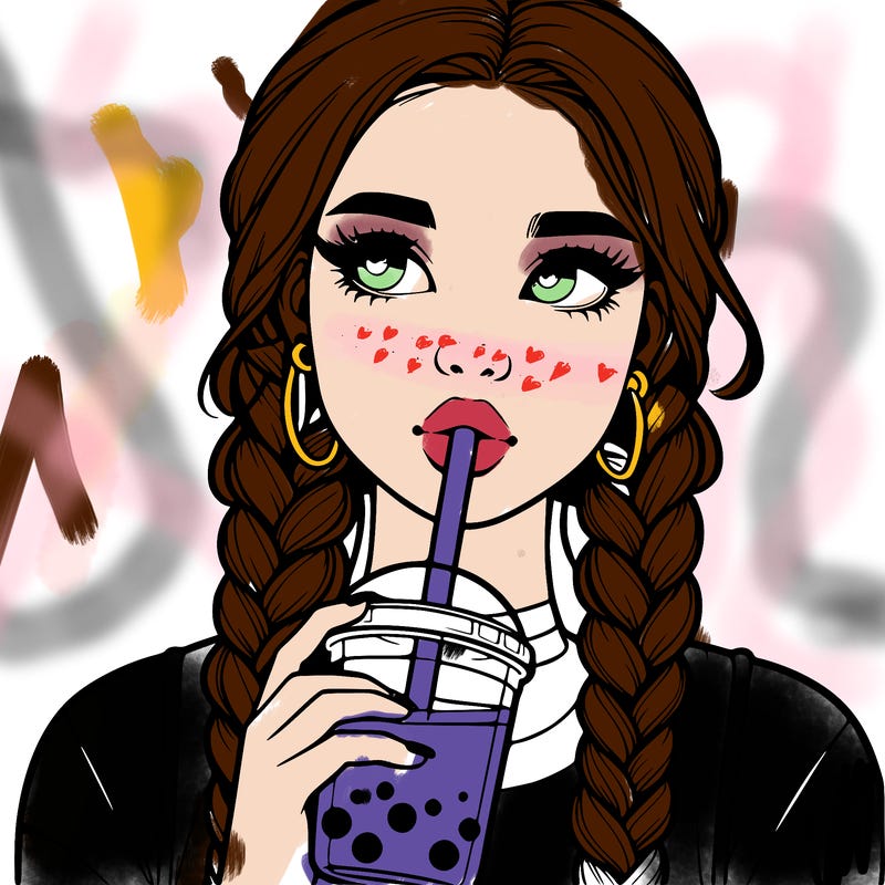 realistic girl with braided hair drinking boba