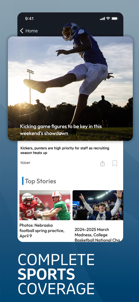 Journal Star - A screenshot of the Journal Star app showing comprehensive sports news coverage for Nebraska football and college basketball.