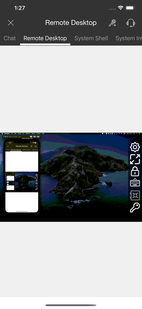 Dameware Remote Everywhere - Aplicativo Dameware Remote Everywhere exibindo uma sessão de desktop remoto em uma tela móvel