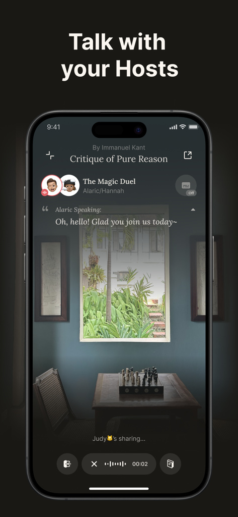 Nooka: Your Insight Feed - Nooka app interface showing a conversational audio session with virtual hosts for immersive learning