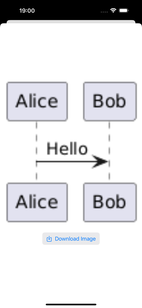 UMLite - Una vista previa de diagrama de secuencia en la aplicación UMLite que muestra un mensaje Hola entre Alice y Bob con un botón de Descarga.